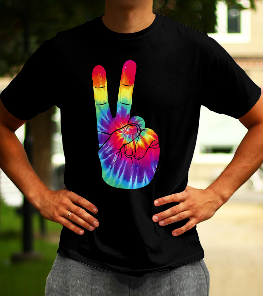 Tie Dye Peace Sign Hand Gesture Rainbow Victory T-Shirt