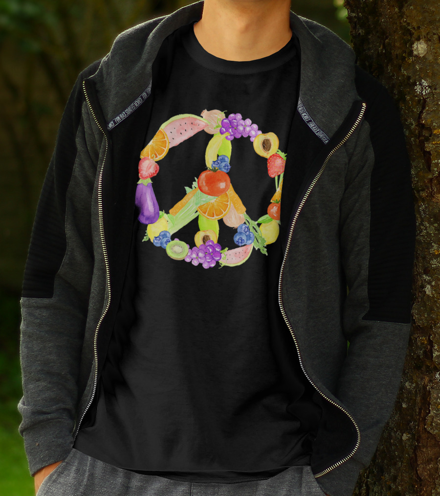 Vegan Fruits Vegetables Peace Sign Watermelon Orange Strawberry Eggplant Banana Kiwi T-Shirt