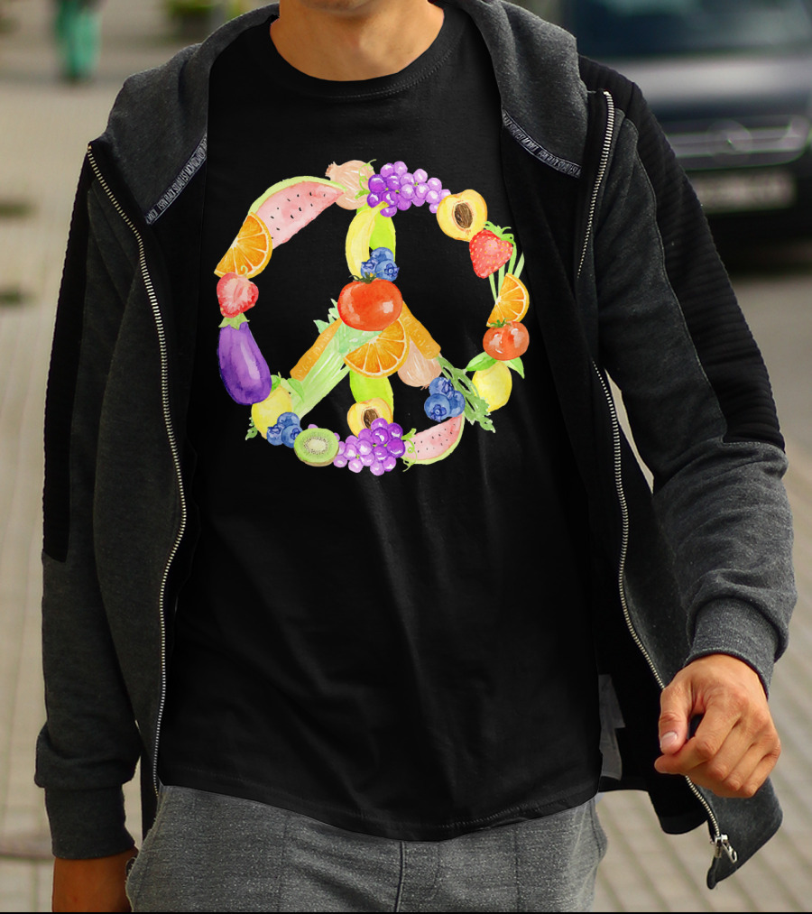 Vegan Fruits Vegetables Peace Sign Watermelon Orange Strawberry Eggplant Banana Kiwi T-Shirt