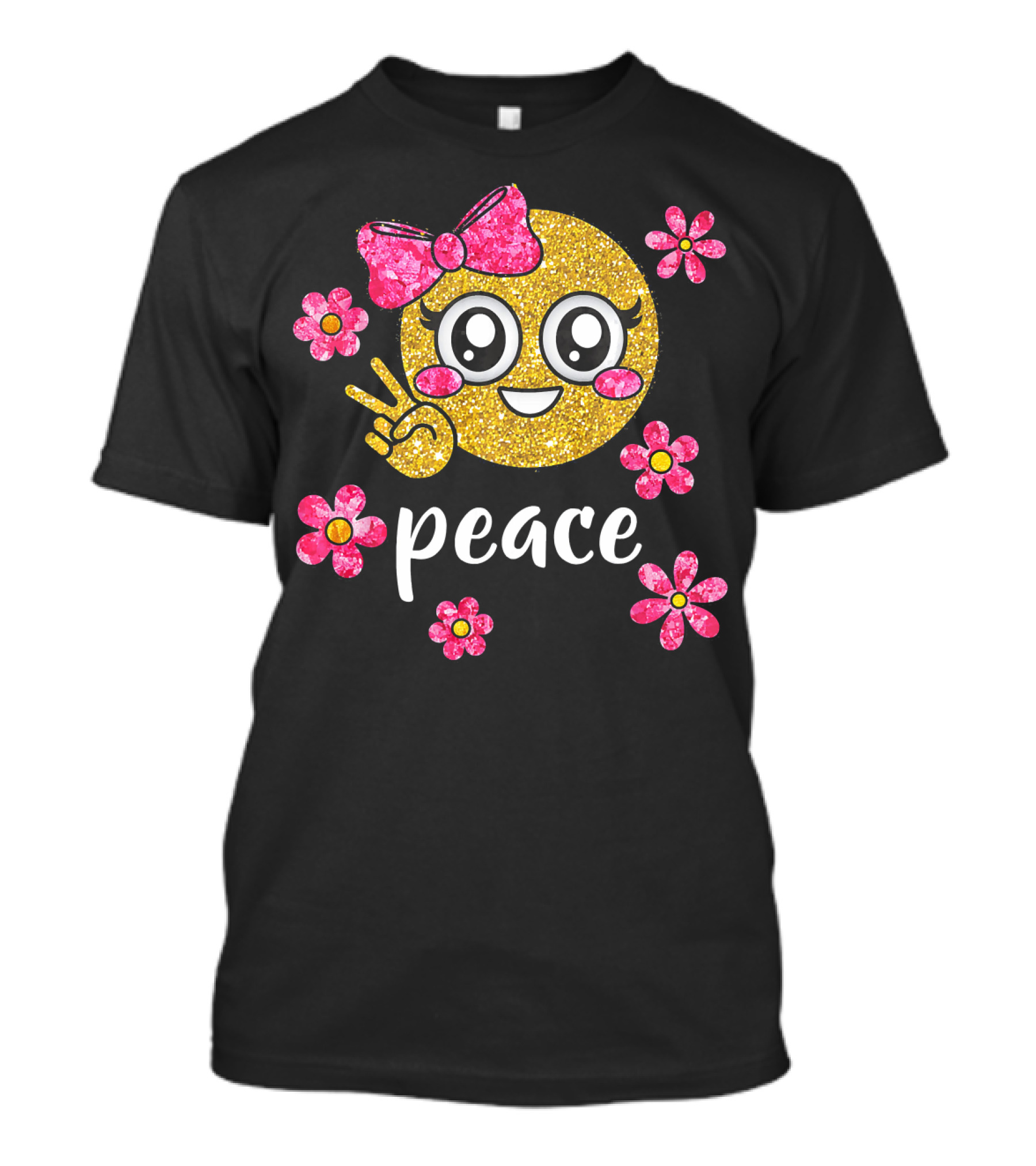 Cute Kawaii Emoji Glitter Peace Sign With Pink Flowers T-Shirt