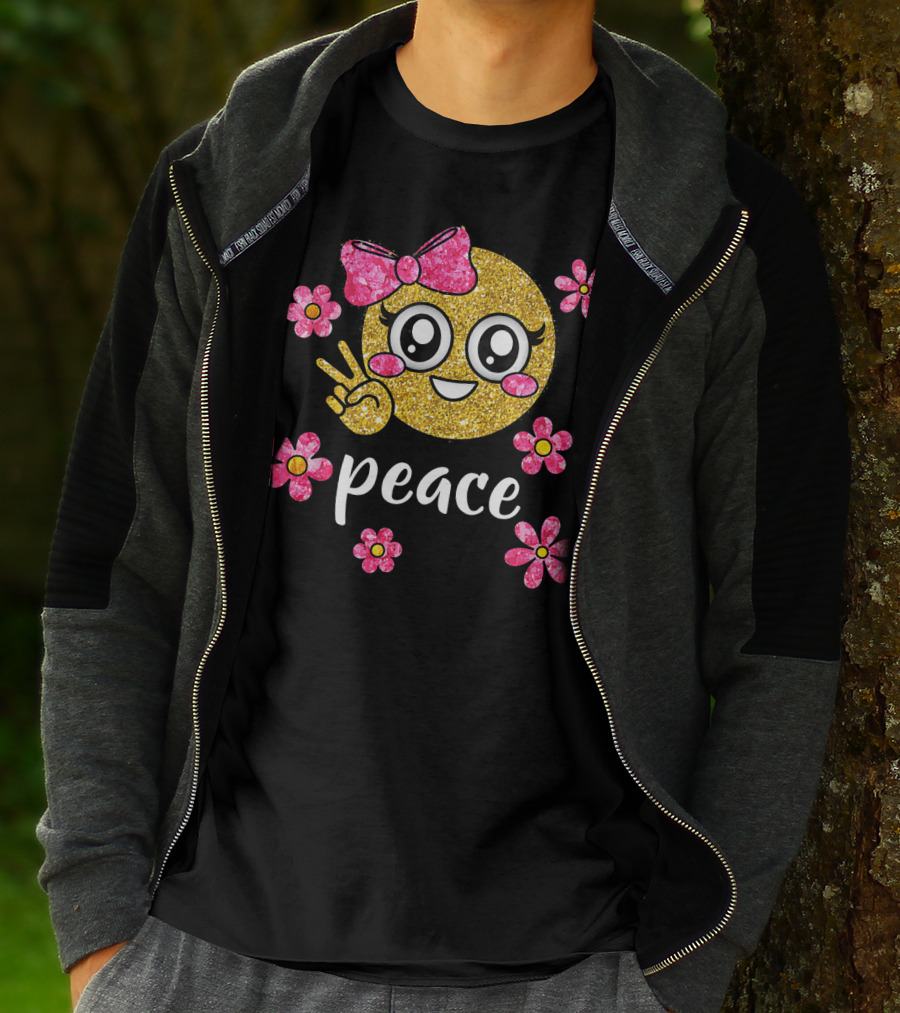 Cute Kawaii Emoji Glitter Peace Sign With Pink Flowers T-Shirt
