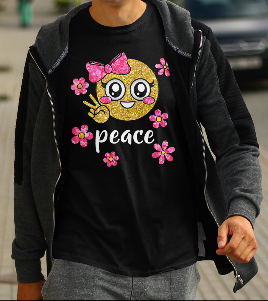 Cute Kawaii Emoji Glitter Peace Sign With Pink Flowers T-Shirt