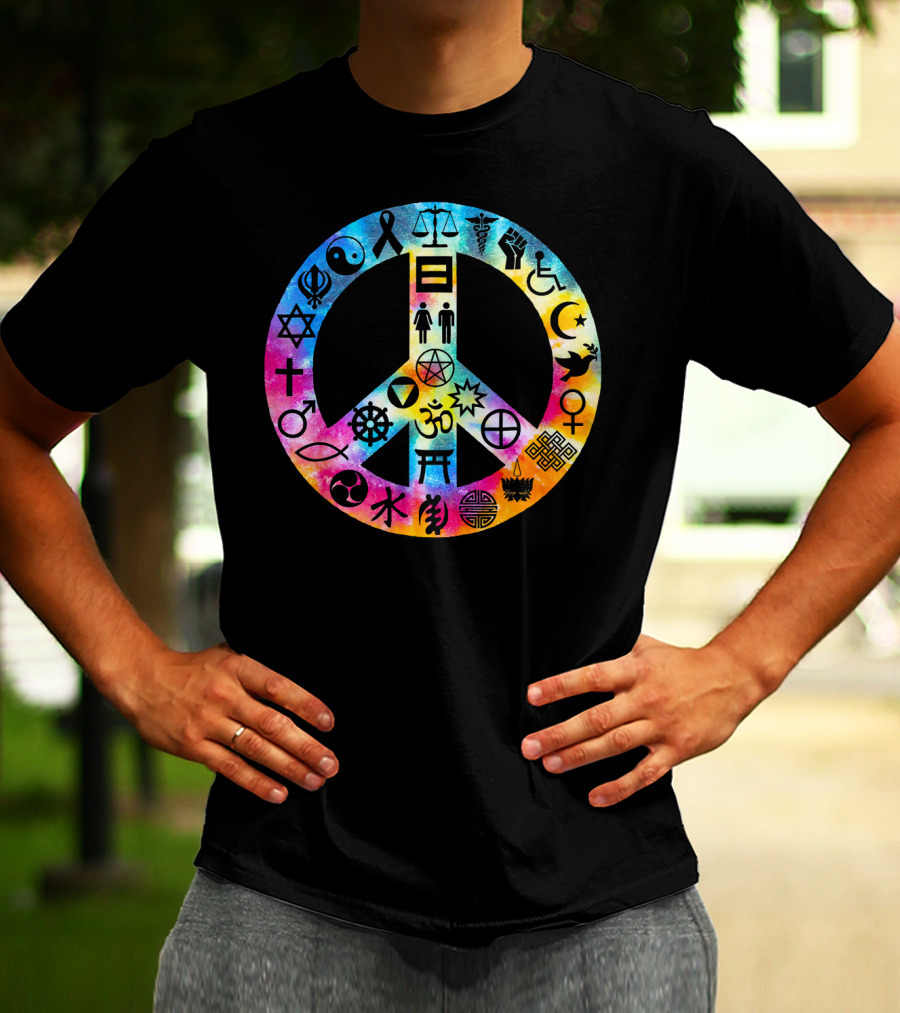 Human Rights Peace Symbol Tie Dye With Diverse Religious And Cultural Icons T-Shirt