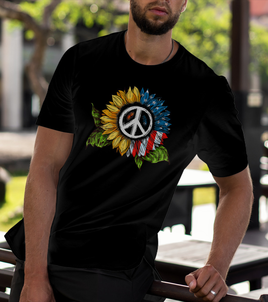 Sunflower Peace Sign American Flag T-Shirt