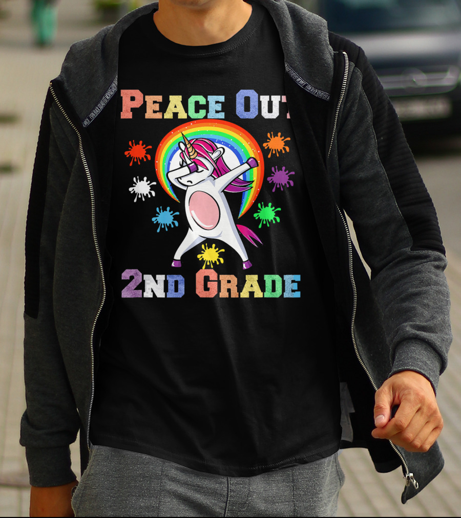 Peace Out 2nd Grade Unicorn Dabbin Rainbow Splash T-Shirt