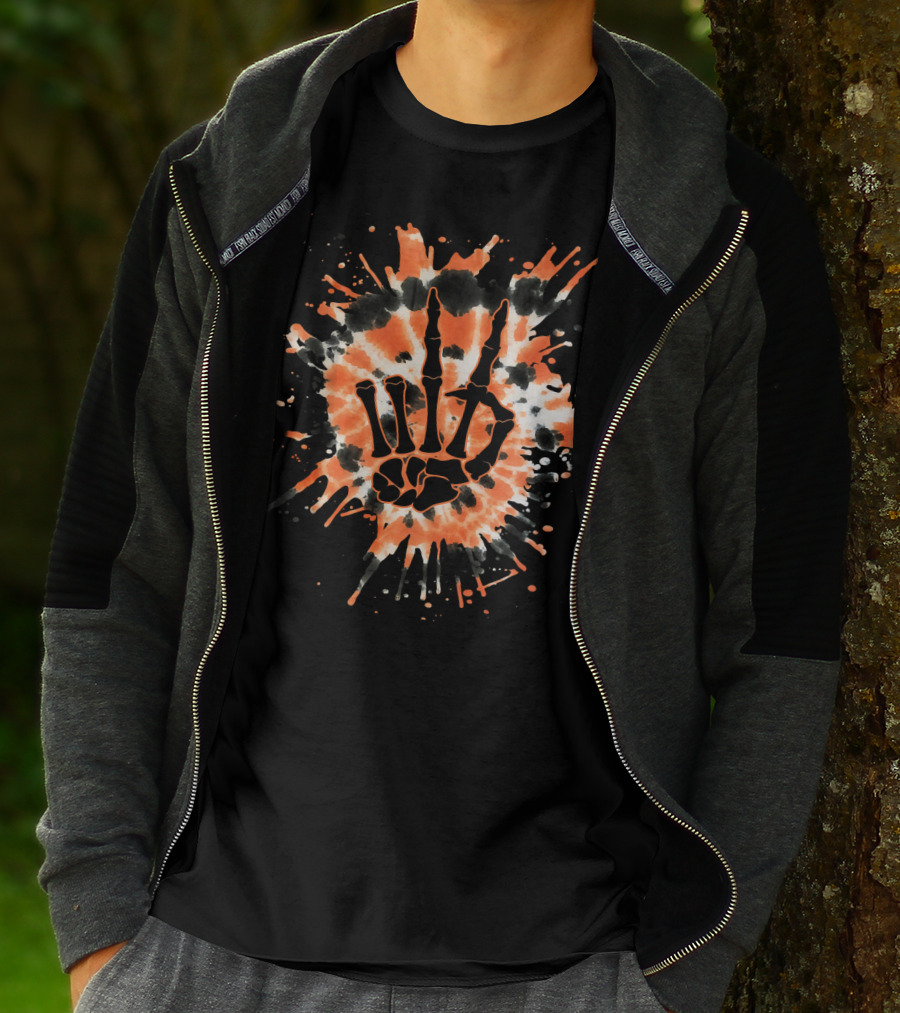 Orange Tie Dye Skeleton Hand Peace Sign T-Shirt