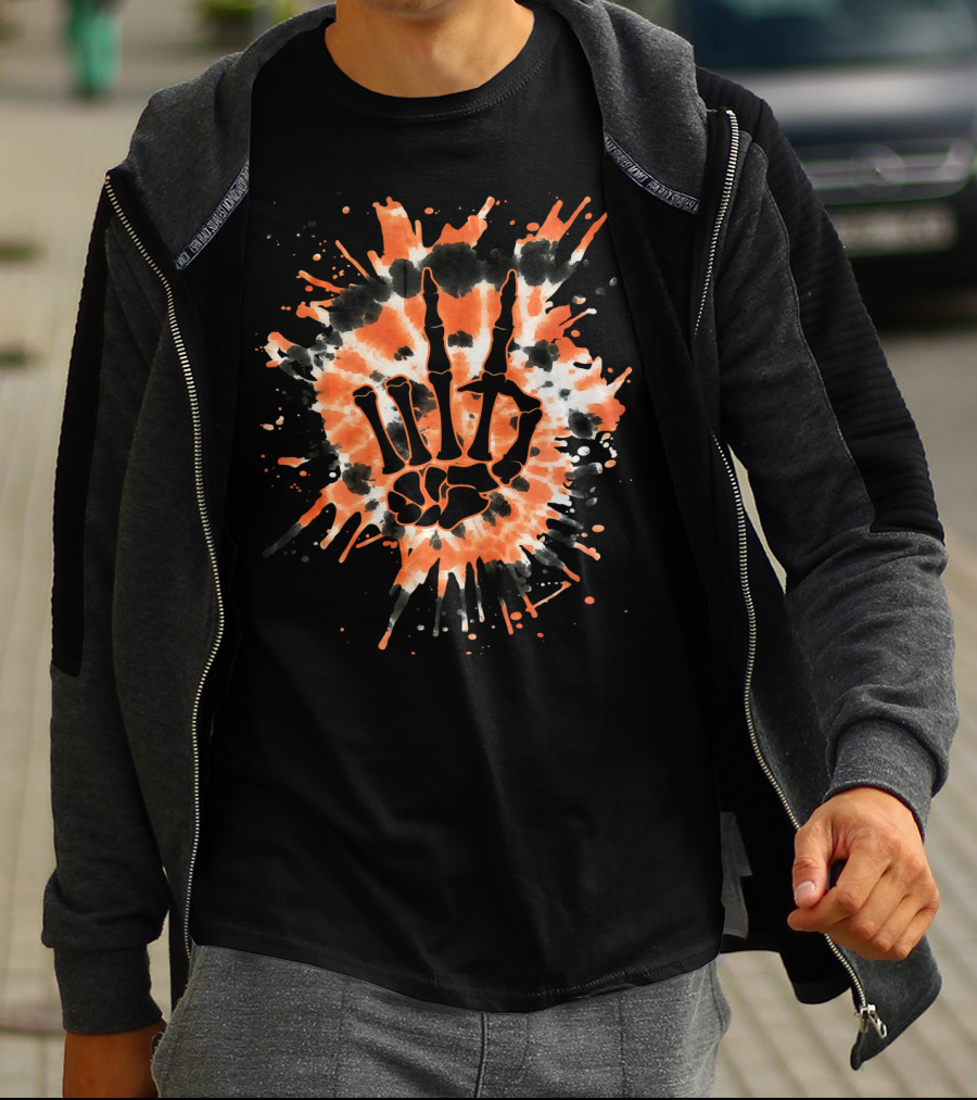 Orange Tie Dye Skeleton Hand Peace Sign T-Shirt