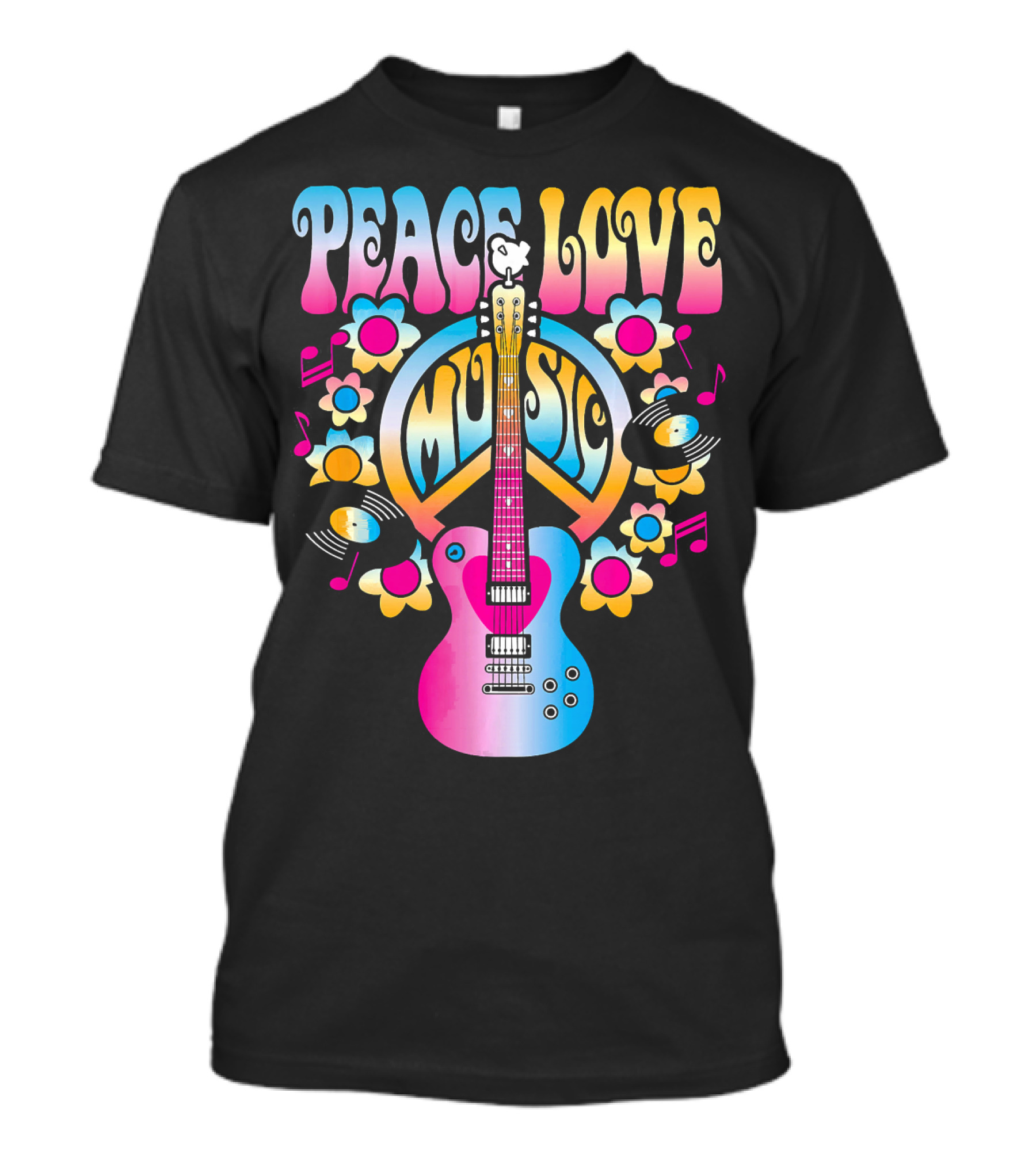 PEACE LOVE MUSIC Retro Rock And Roll Guitar Groovy 60s Style With Flowers And Peace T-Shirt