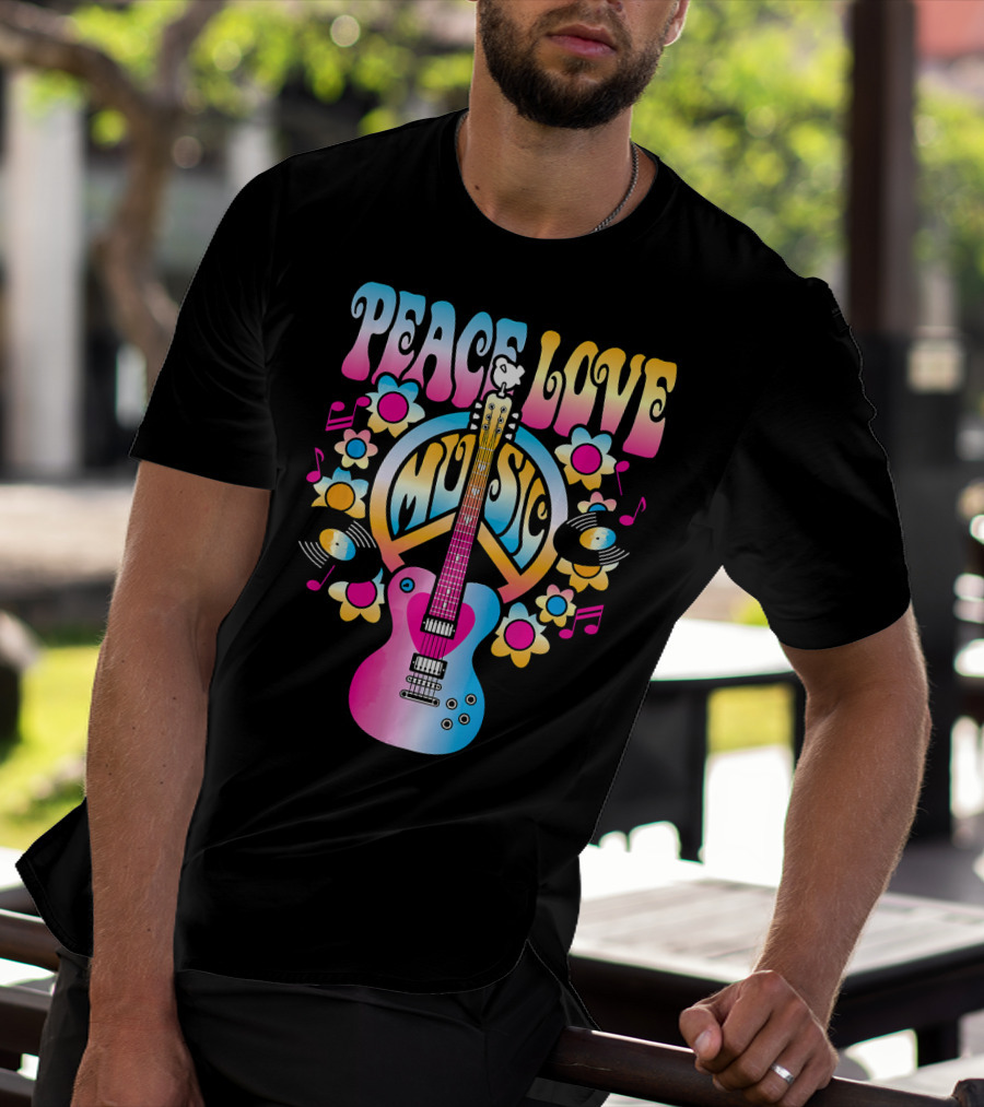 PEACE LOVE MUSIC Retro Rock And Roll Guitar Groovy 60s Style With Flowers And Peace T-Shirt
