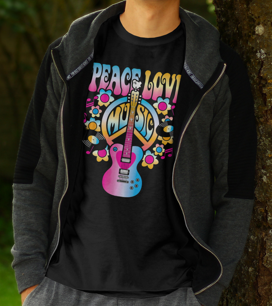 PEACE LOVE MUSIC Retro Rock And Roll Guitar Groovy 60s Style With Flowers And Peace T-Shirt