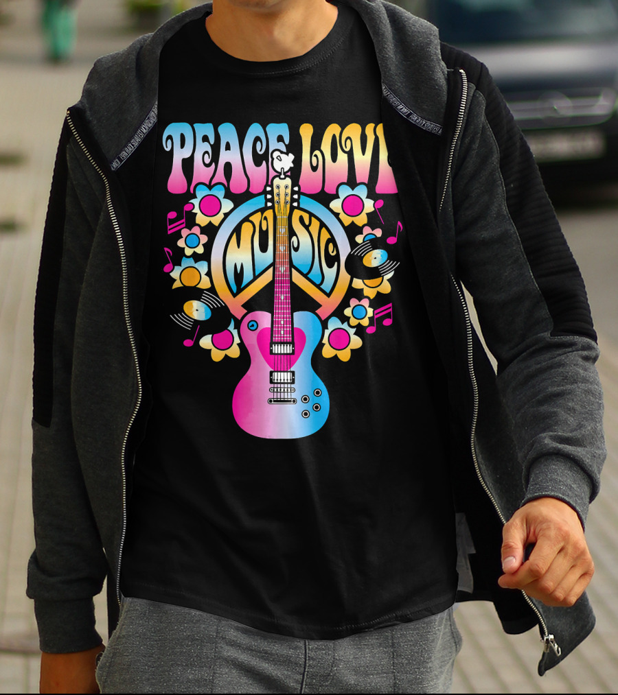 PEACE LOVE MUSIC Retro Rock And Roll Guitar Groovy 60s Style With Flowers And Peace T-Shirt