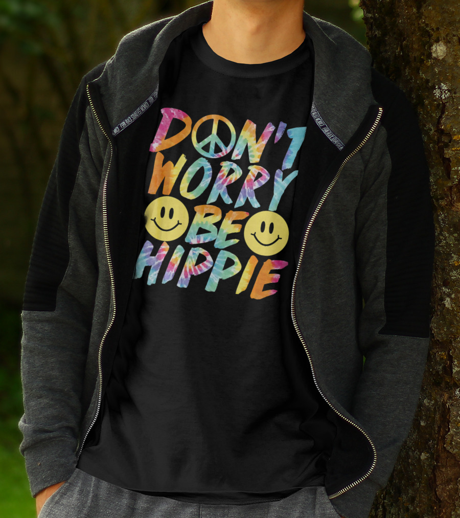 Don't Worry Be Hippie Tie Dye Style Peace Symbol Smiley Face T-Shirt