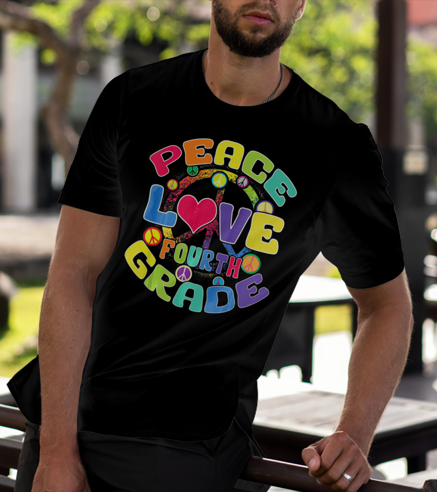 Peace Love Fourth Grade Back To School Groovy Rainbow Peace Signs T-Shirt