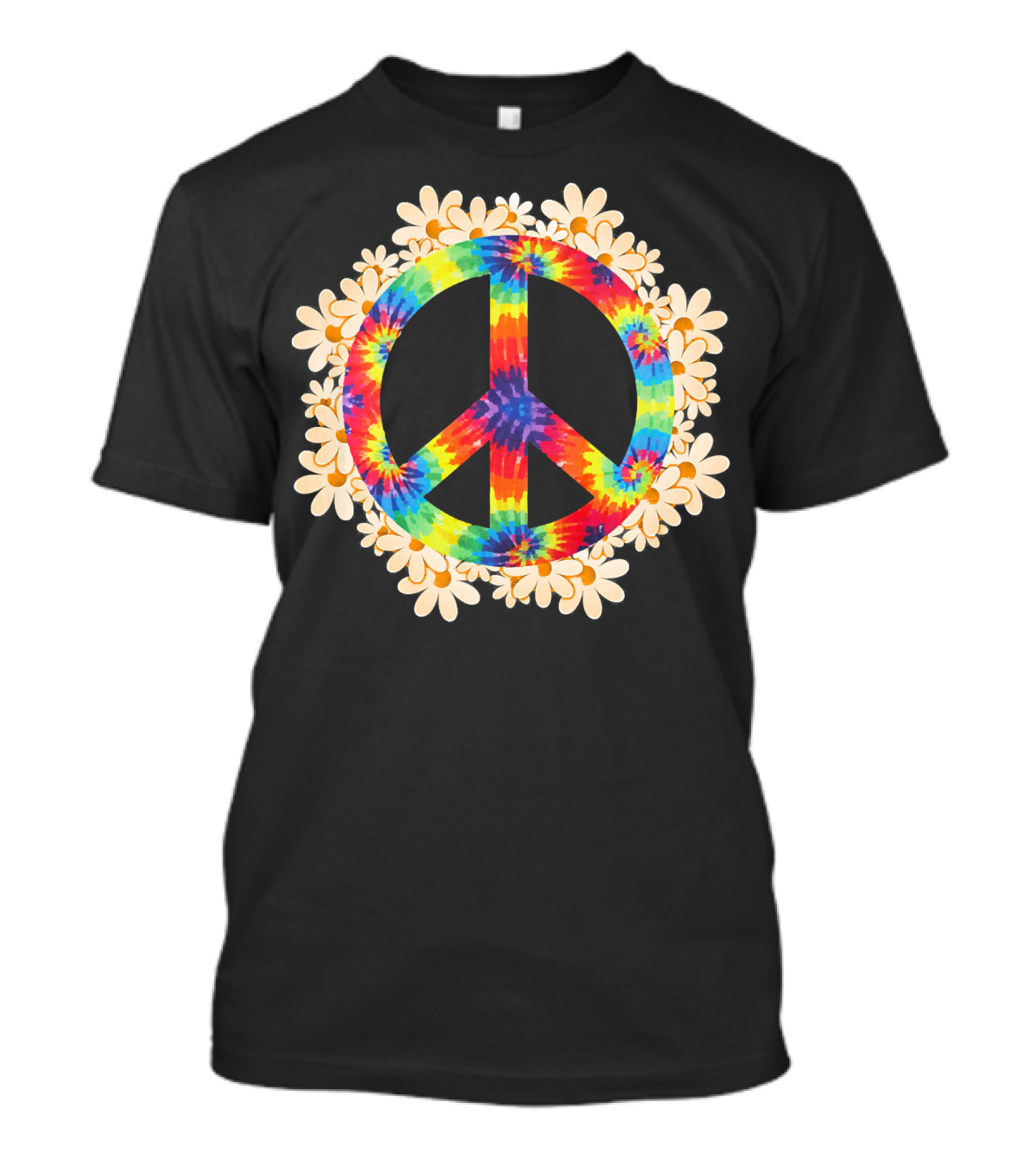 Rainbow Tie-Dye Peace Sign With Daisy Border T-Shirt