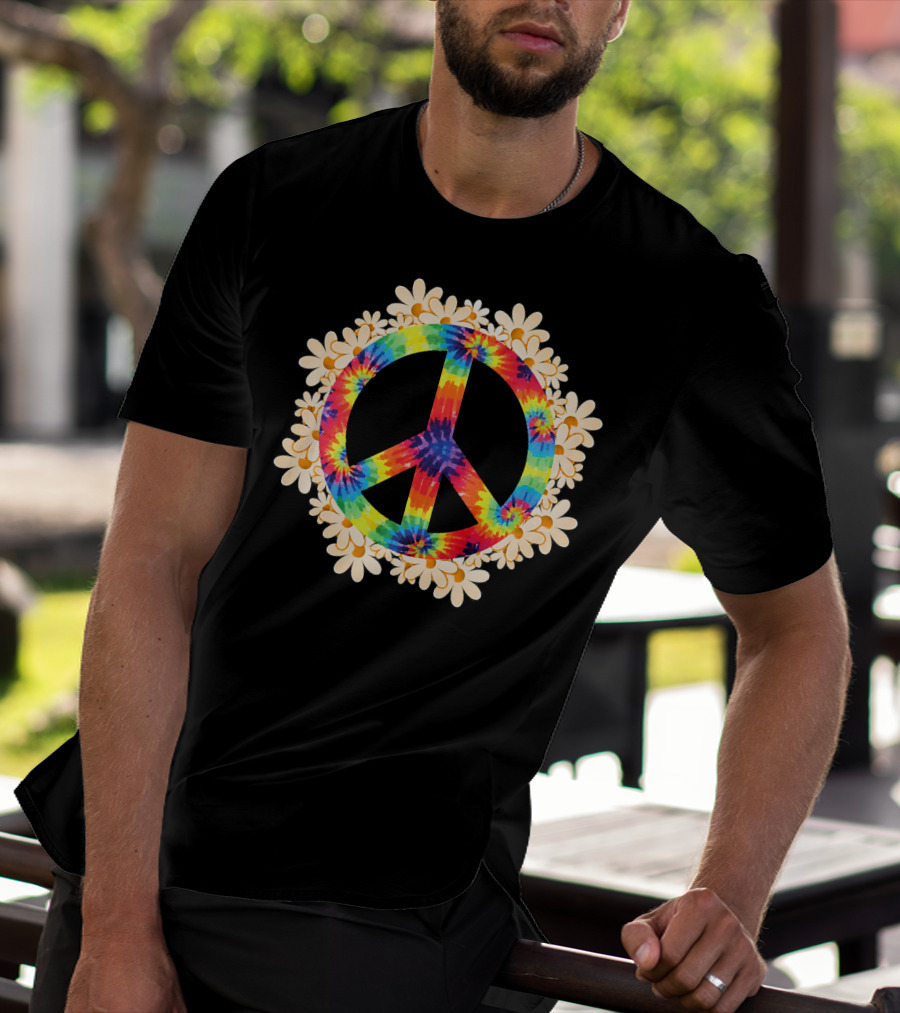 Rainbow Tie-Dye Peace Sign With Daisy Border T-Shirt