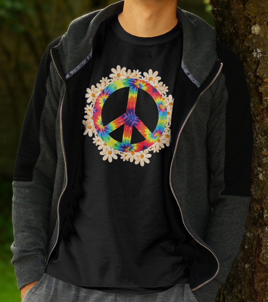 Rainbow Tie-Dye Peace Sign With Daisy Border T-Shirt