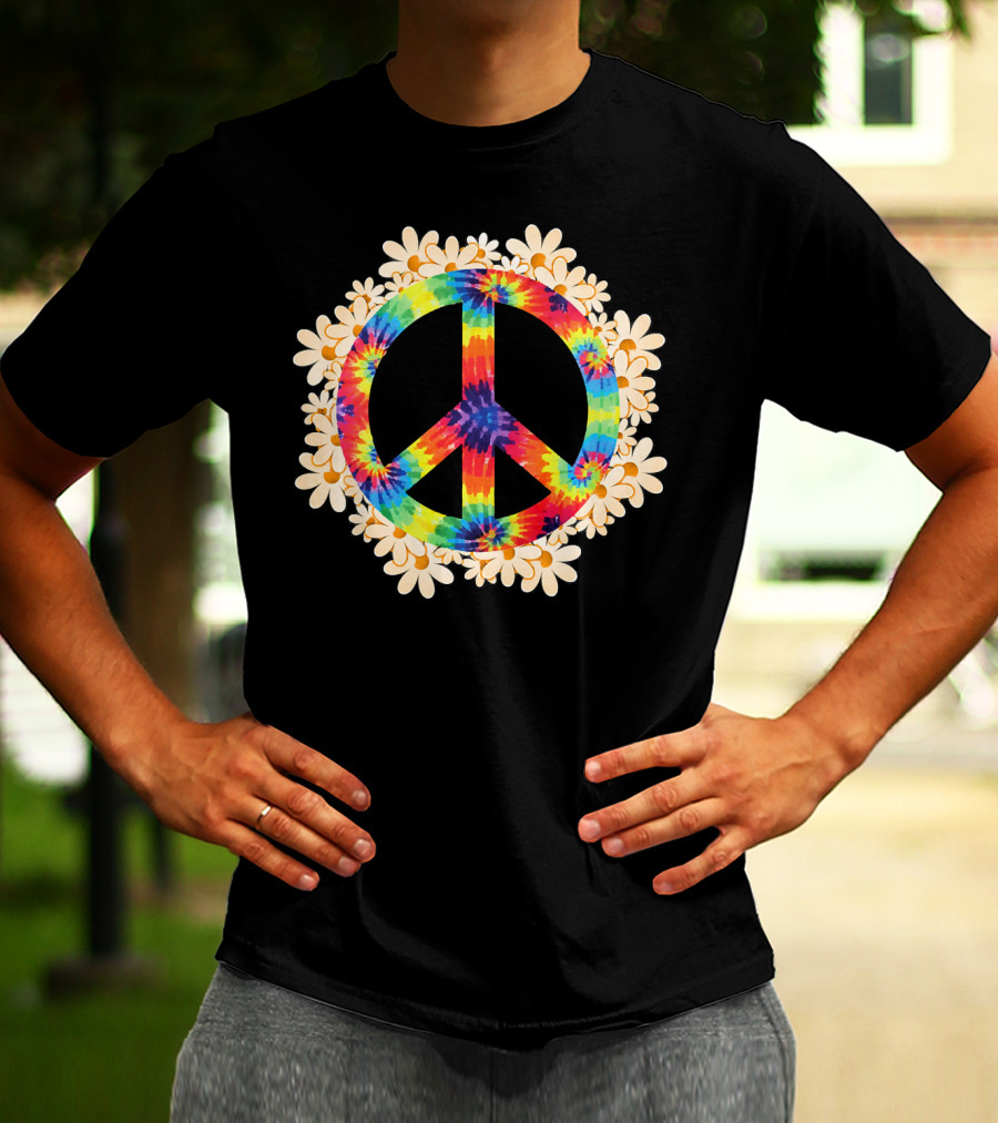 Rainbow Tie-Dye Peace Sign With Daisy Border T-Shirt