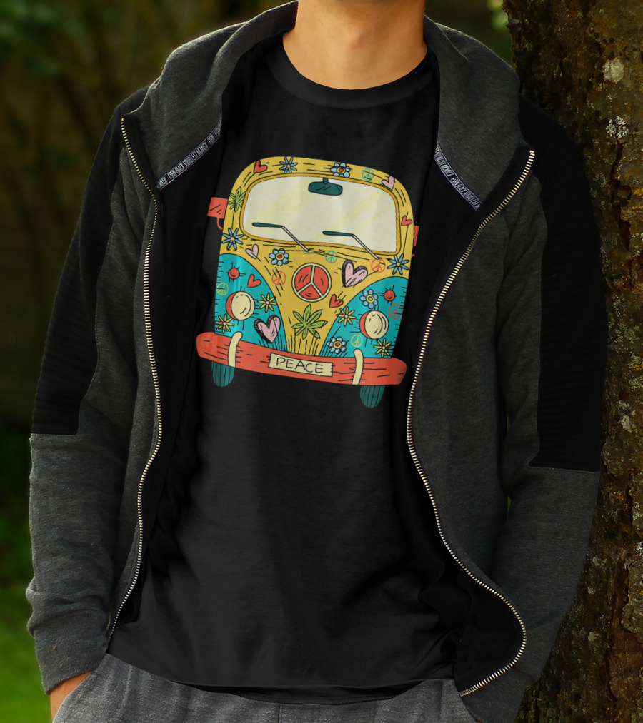 Peace Hippie Van Colorful Flowers And Hearts T-Shirt