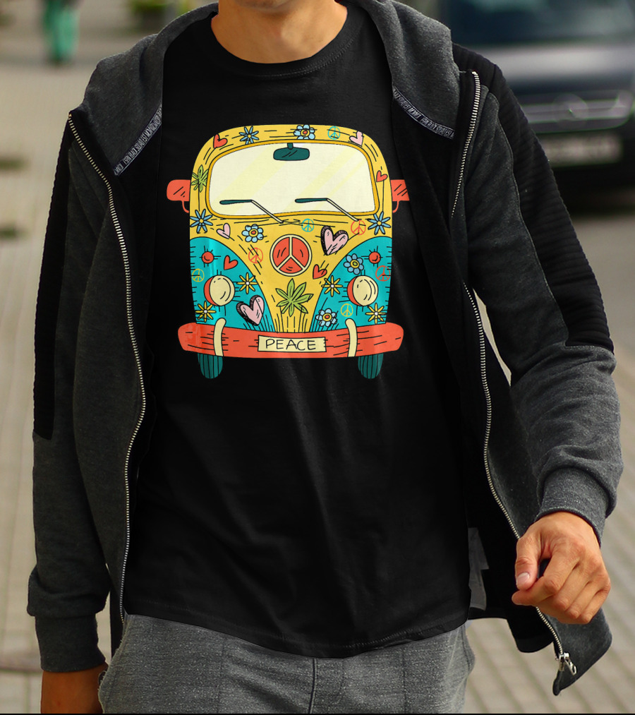Peace Hippie Van Colorful Flowers And Hearts T-Shirt