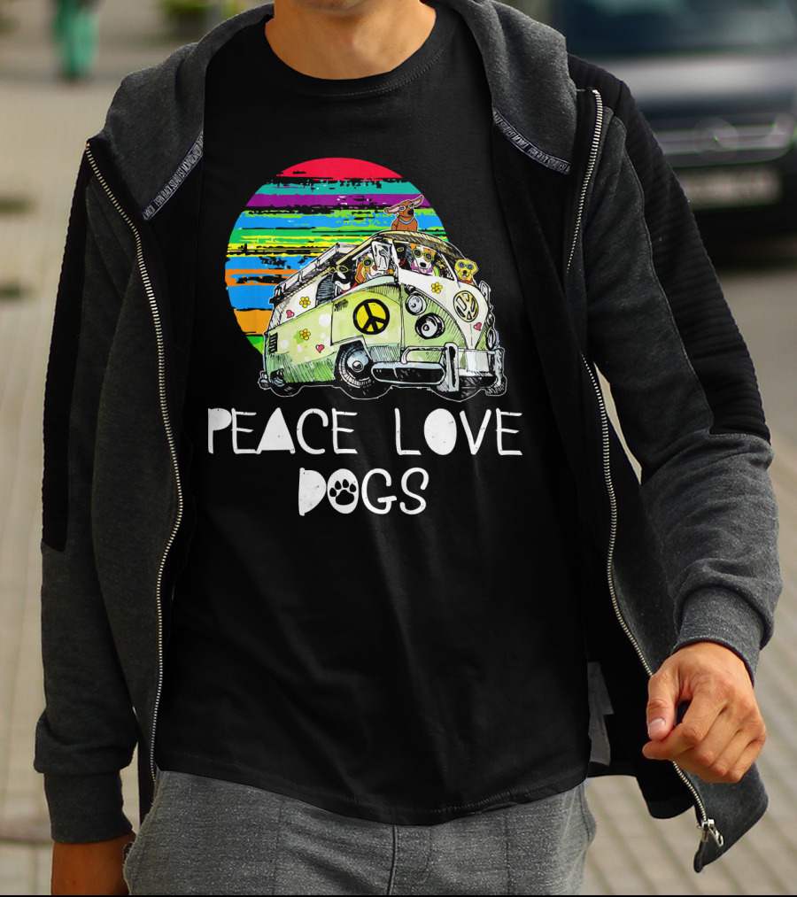 Peace Love Dogs Hippie Van Dog Lovers Vintage Peace Sign Retro Circle T-Shirt