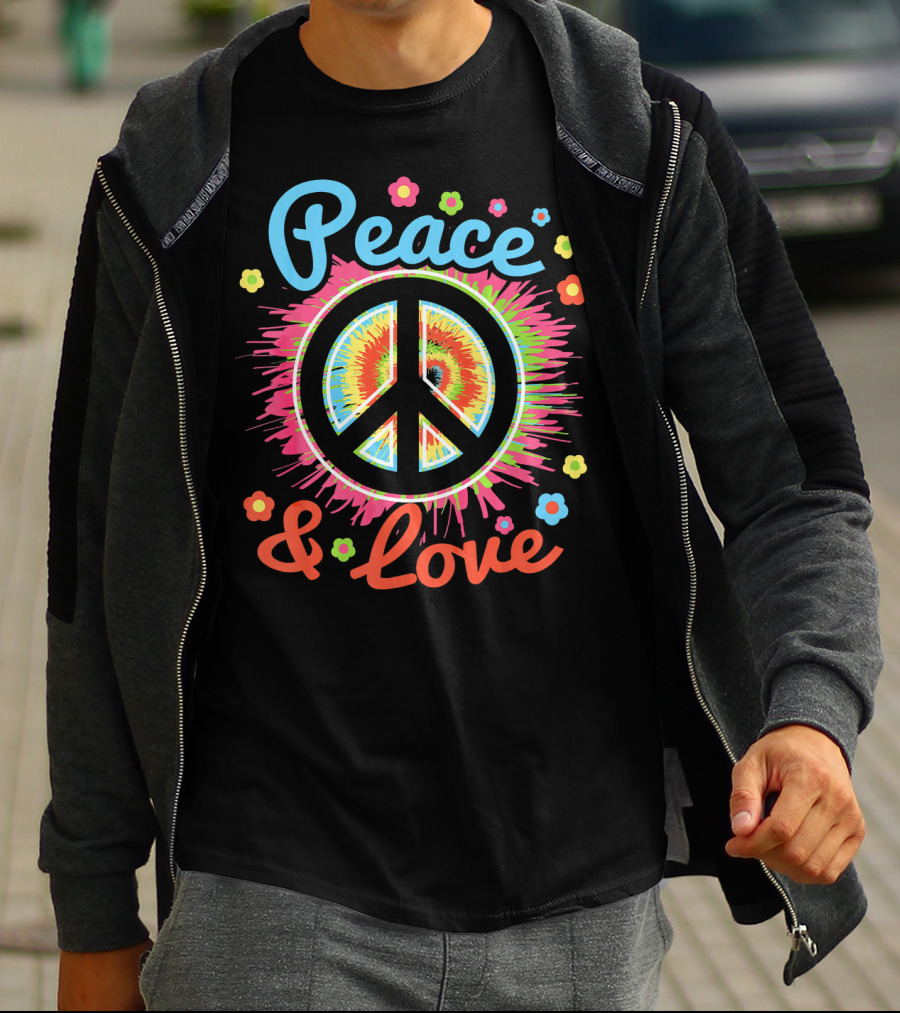 Peace And Love Tie-Dye Peace Sign With Colorful Flowers T-Shirt