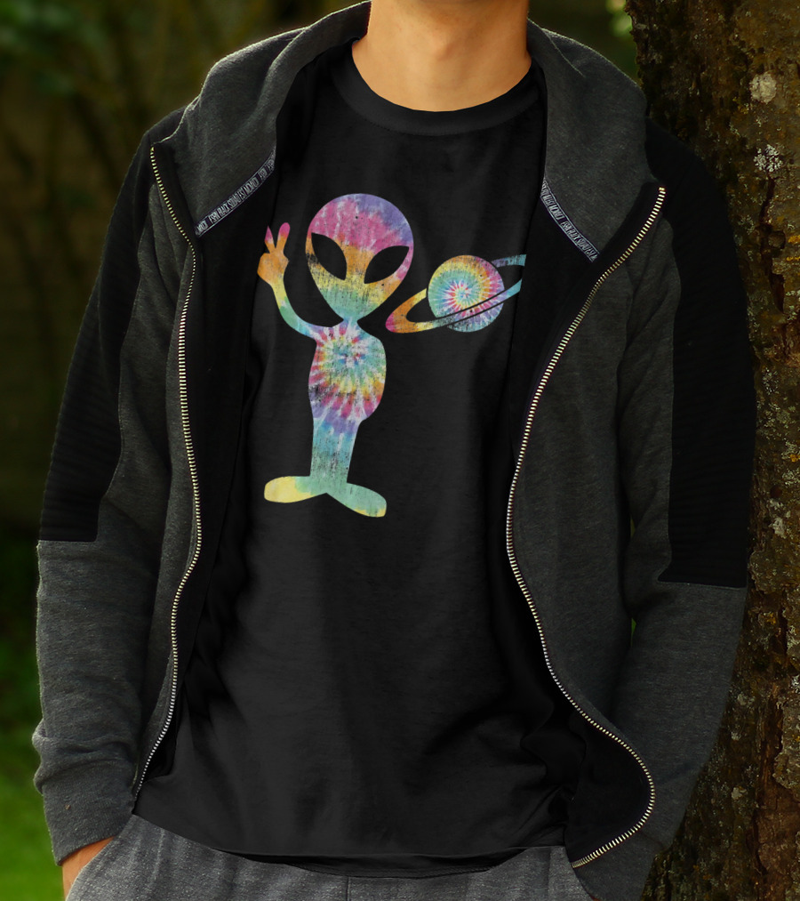 Funny Tie Dye Alien Peace Sign With Planet T-Shirt