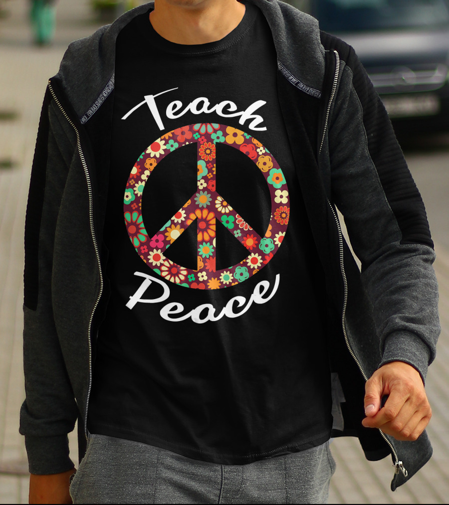 Teach Peace Floral Peace Sign 60s 70s T-Shirt
