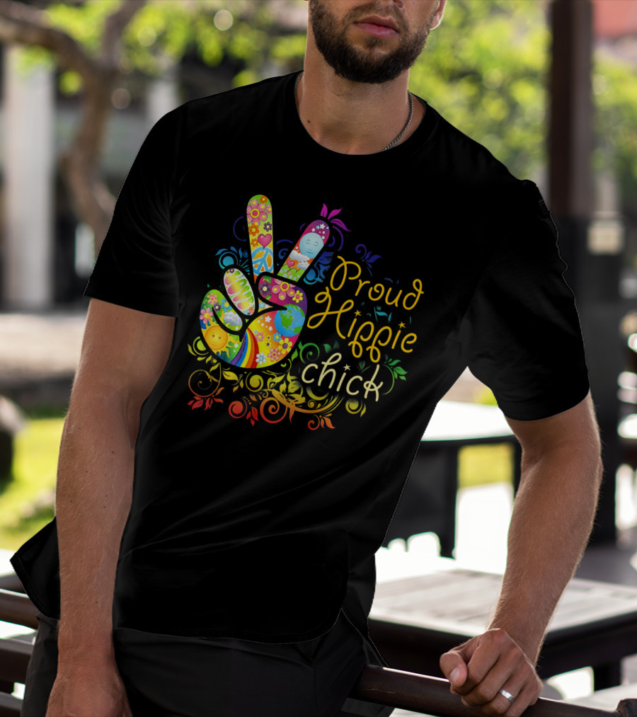 Proud Hippie Chick Peace Sign With Colorful Floral T-Shirt