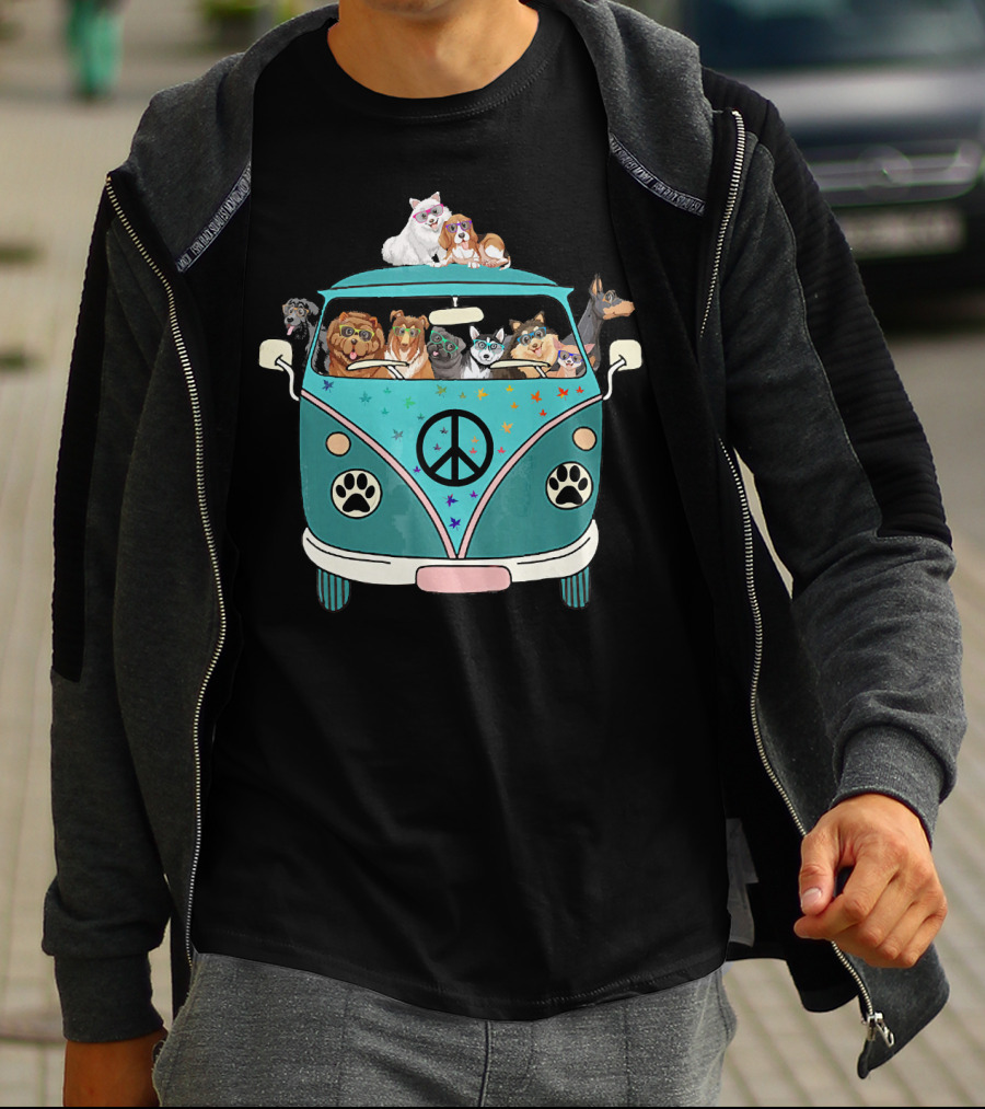 Dogs Riding A Peace Sign Paw Print Bus T-Shirt