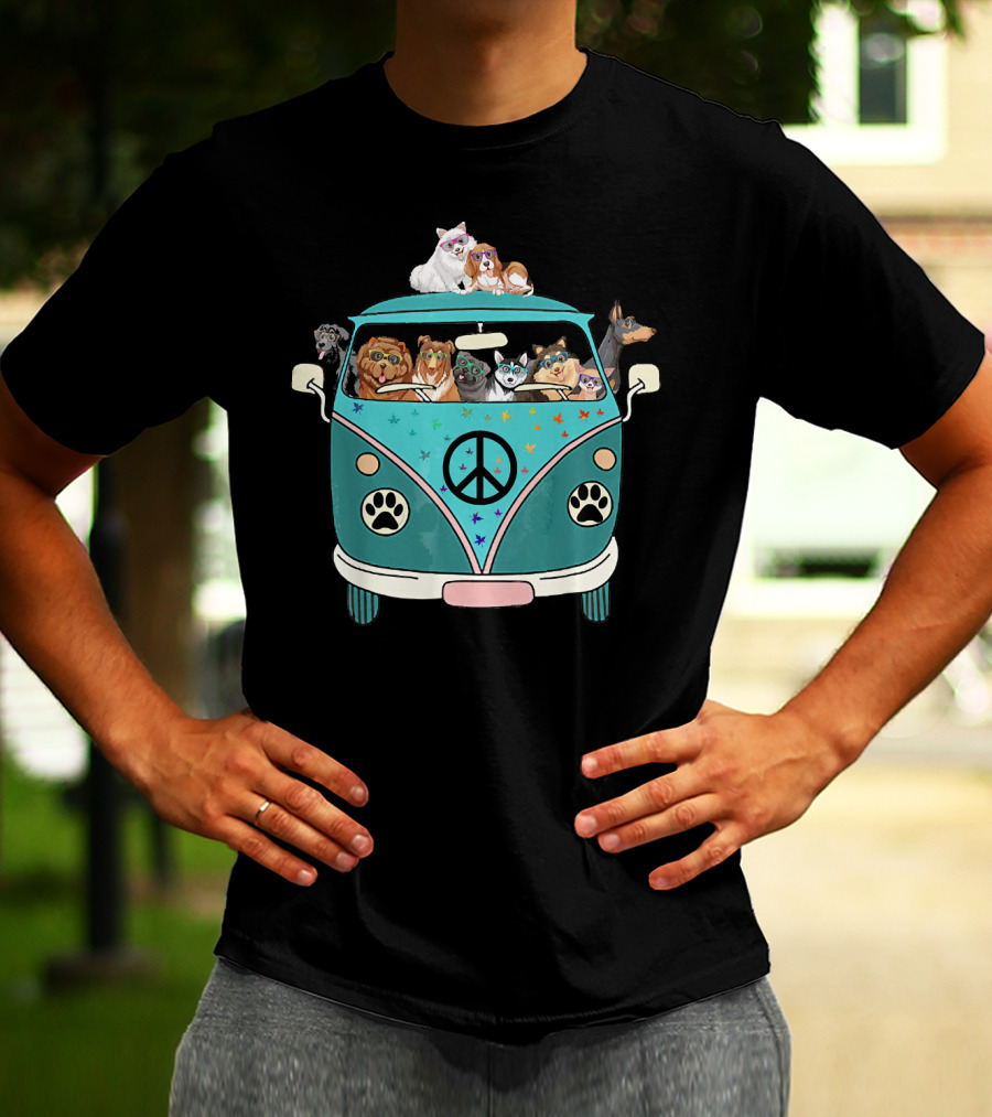 Dogs Riding A Peace Sign Paw Print Bus T-Shirt