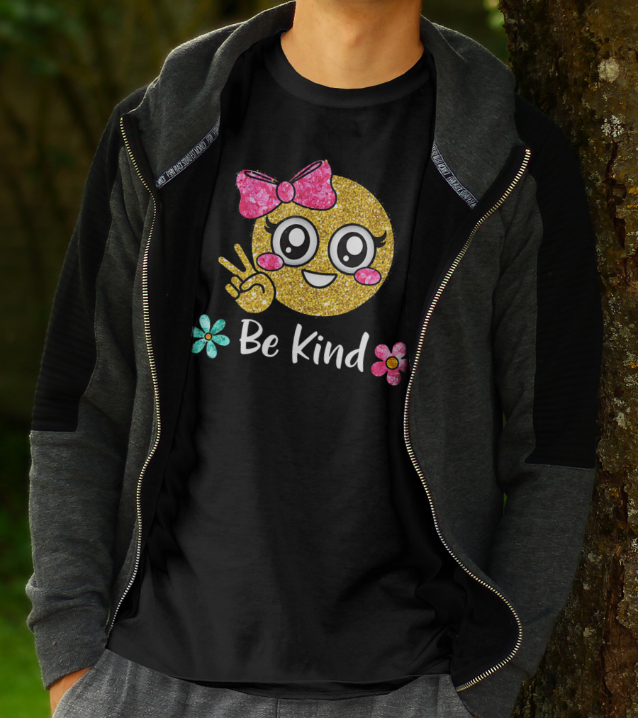 Be Kind Glitter Emoji Kawaii With Pink Bow And Flowers T-Shirt