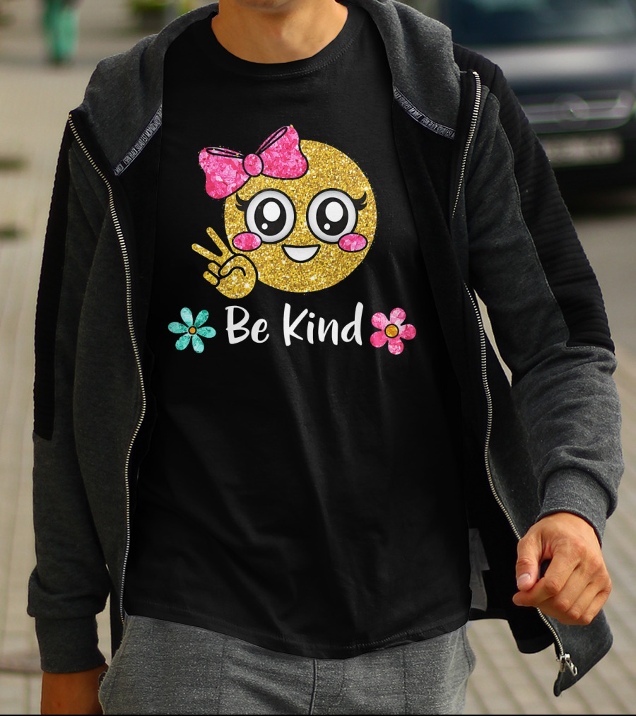 Be Kind Glitter Emoji Kawaii With Pink Bow And Flowers T-Shirt