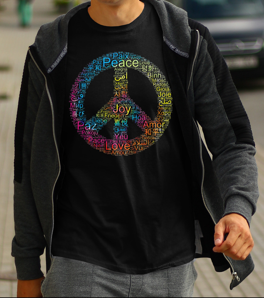 Peace Love Joy Multilingual Peace Symbol Text T-Shirt