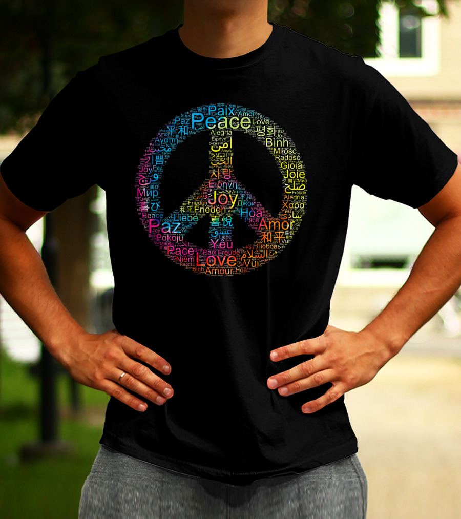 Peace Love Joy Multilingual Peace Symbol Text T-Shirt