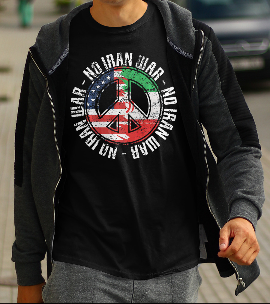 No Iran War Peace Symbol With American And Iranian Flags T-Shirt
