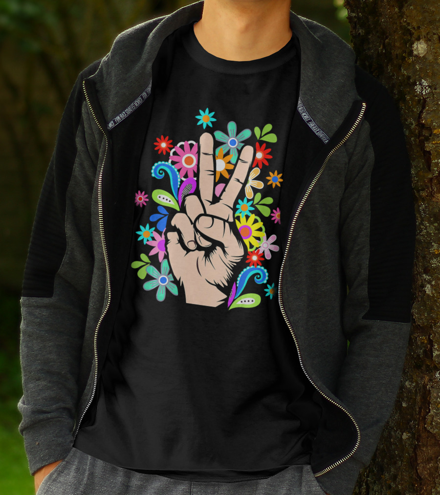 Hippie Cool Hand Peace Sign Surrounded By Colorful Flowers T-Shirt