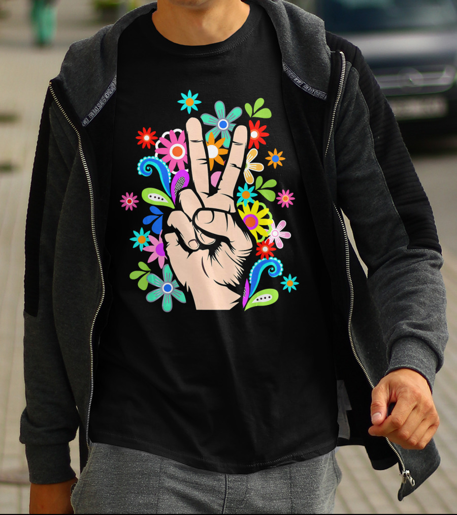 Hippie Cool Hand Peace Sign Surrounded By Colorful Flowers T-Shirt