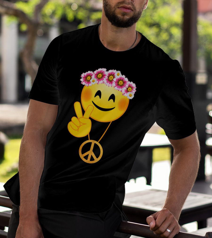 Peace Sign Smiley Face Flower Crown Hippie Necklace T-Shirt