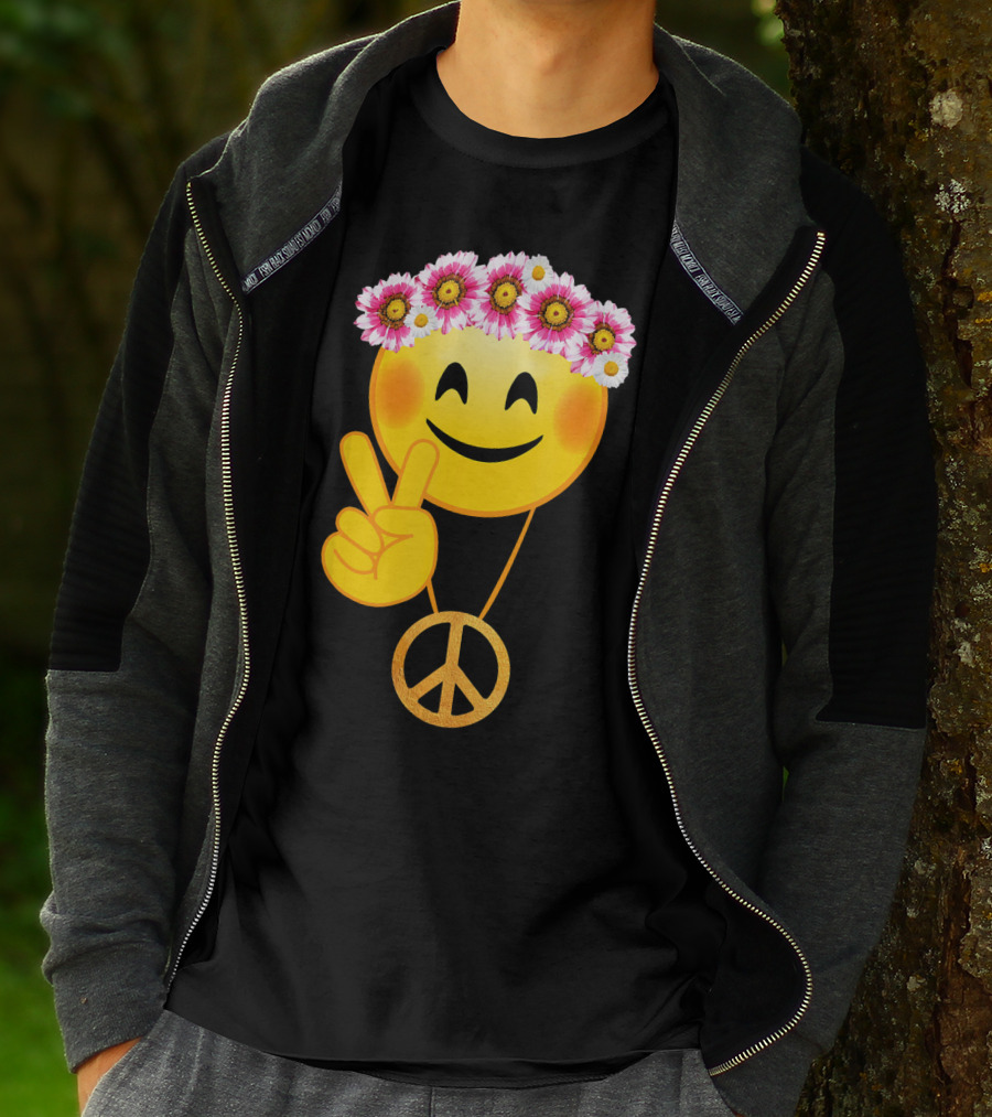 Peace Sign Smiley Face Flower Crown Hippie Necklace T-Shirt