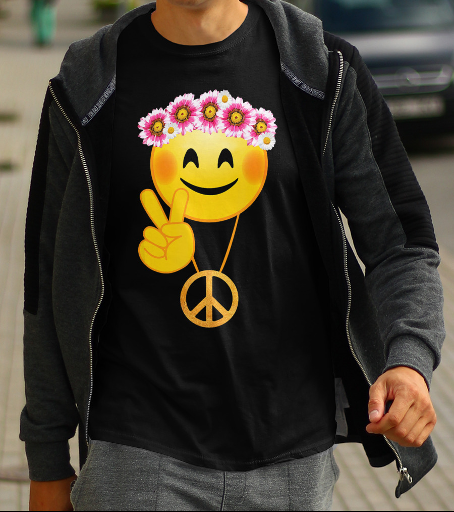 Peace Sign Smiley Face Flower Crown Hippie Necklace T-Shirt