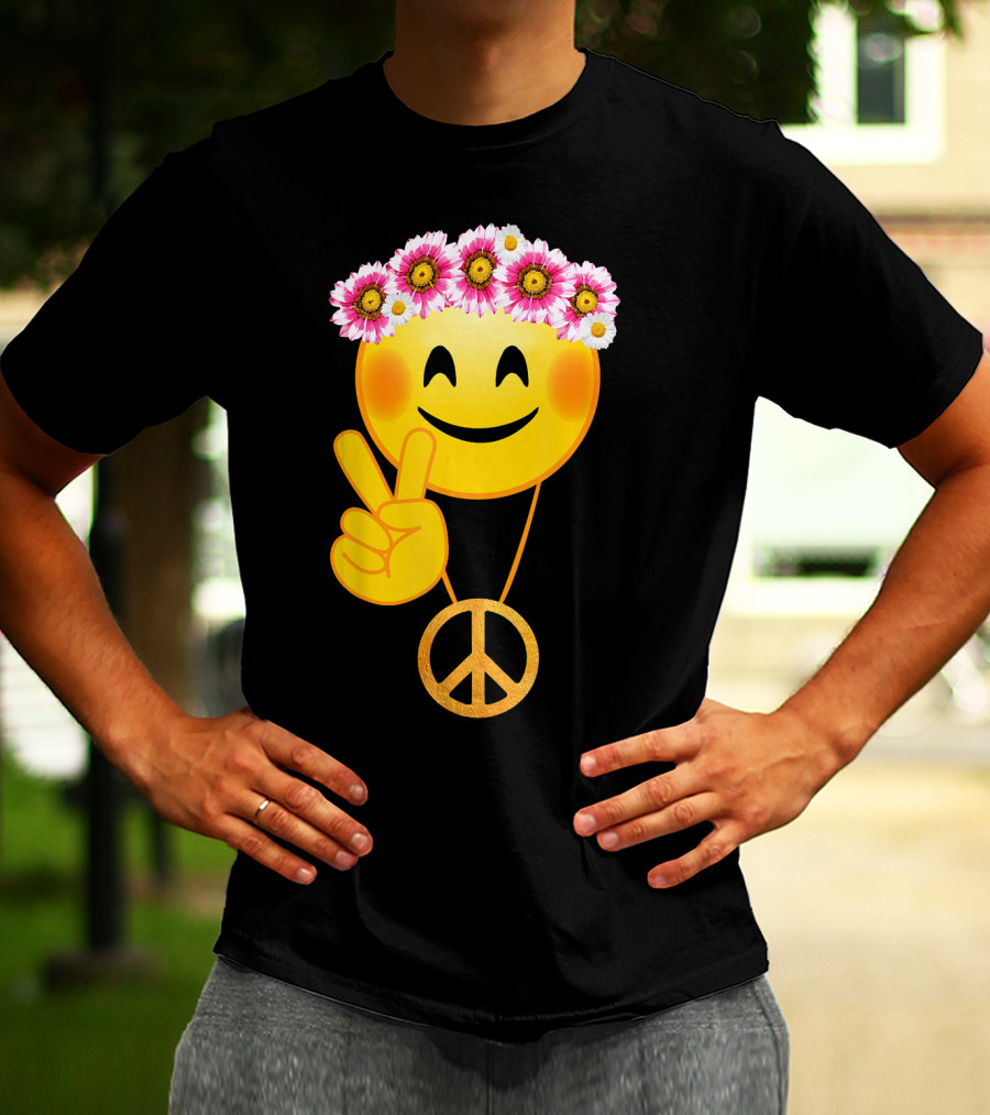 Peace Sign Smiley Face Flower Crown Hippie Necklace T-Shirt