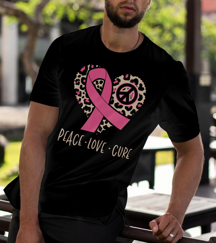 Peace Love Cure Pink Ribbon Leopard Breast Cancer Awareness T-Shirt