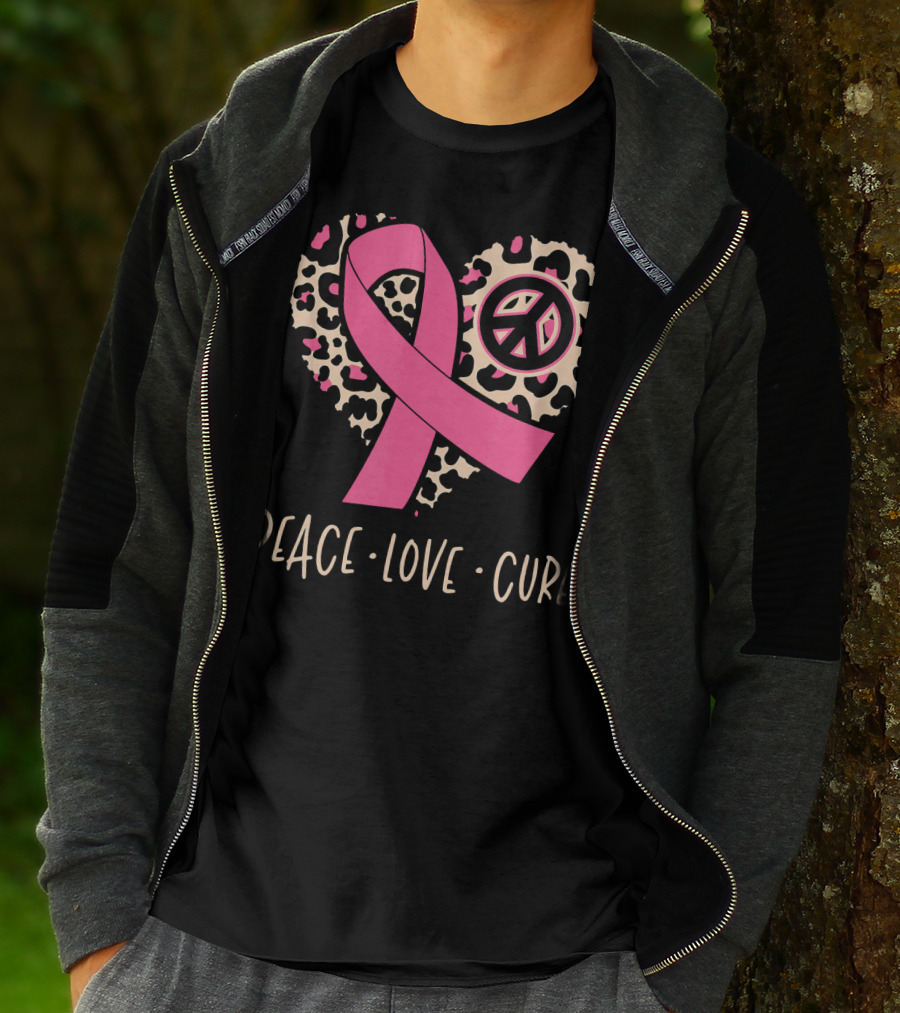 Peace Love Cure Pink Ribbon Leopard Breast Cancer Awareness T-Shirt