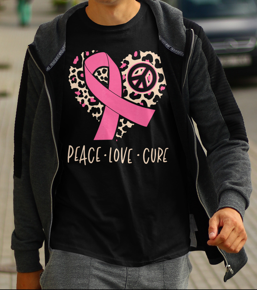 Peace Love Cure Pink Ribbon Leopard Breast Cancer Awareness T-Shirt