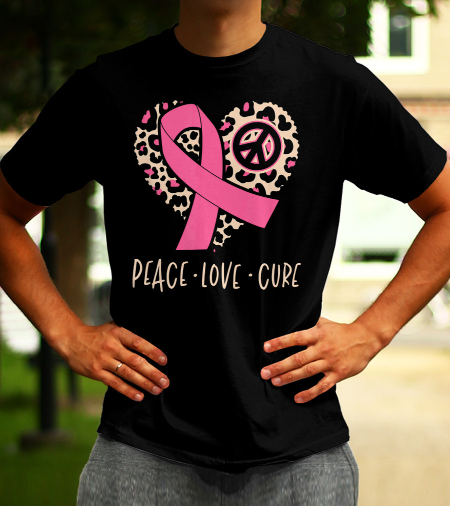 Peace Love Cure Pink Ribbon Leopard Breast Cancer Awareness T-Shirt