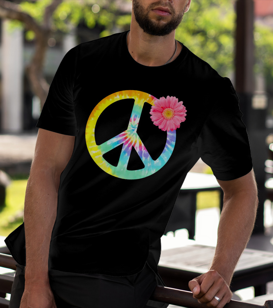 Boho Tie Dye Peace Sign With Pink Flower T-Shirt