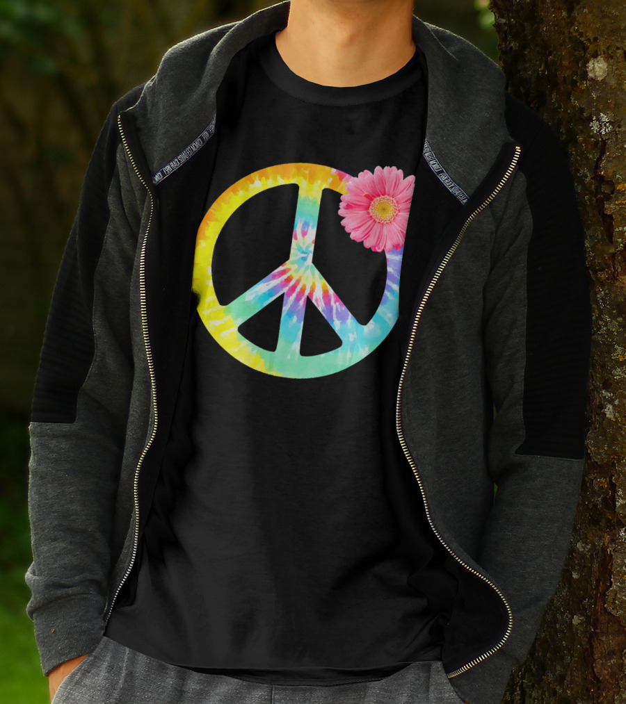 Boho Tie Dye Peace Sign With Pink Flower T-Shirt