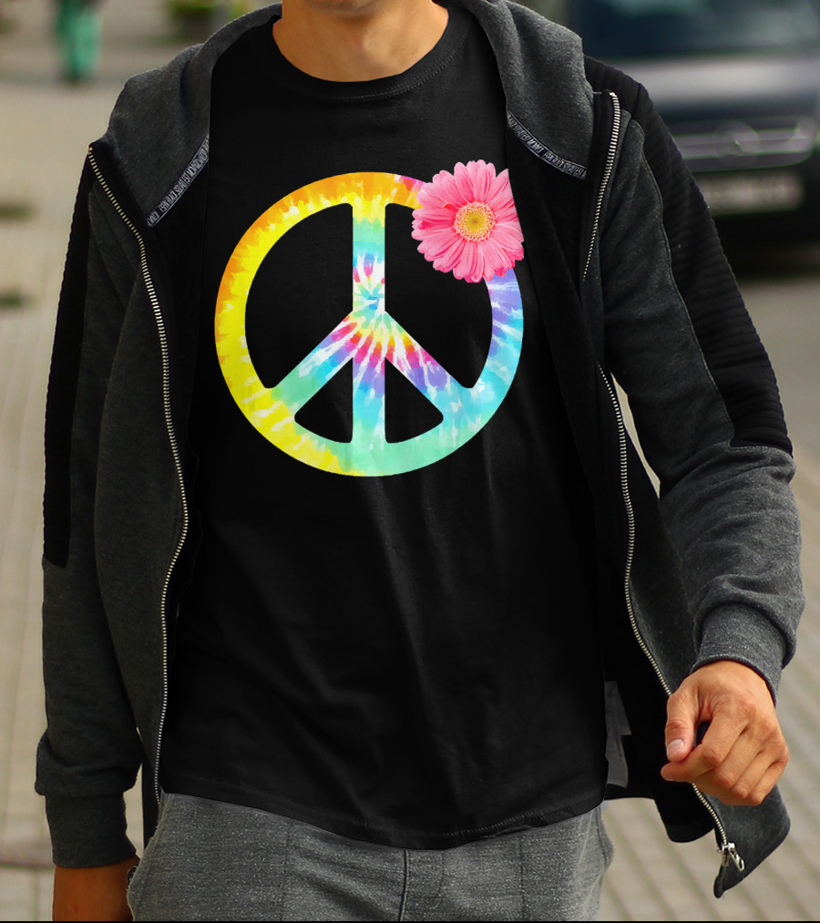 Boho Tie Dye Peace Sign With Pink Flower T-Shirt