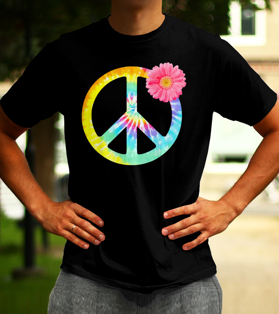 Boho Tie Dye Peace Sign With Pink Flower T-Shirt