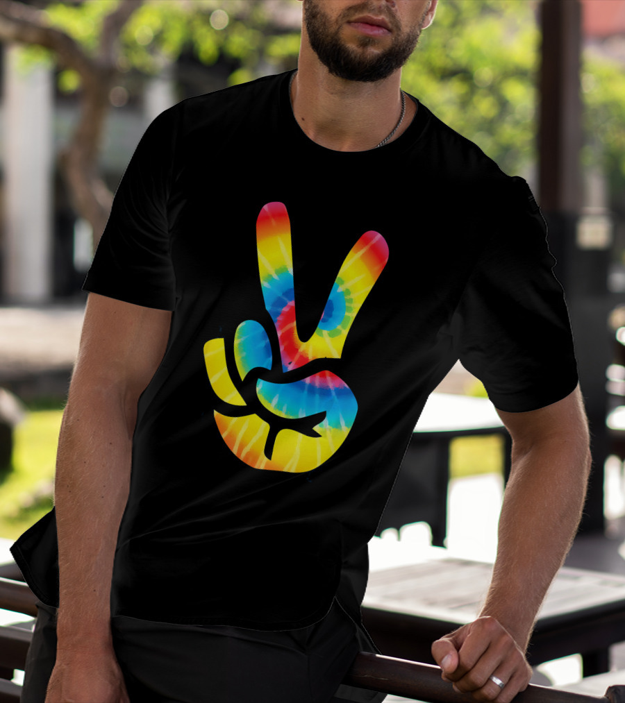 Tie Dye Peace Sign Hand V Symbol Rainbow Psychedelic T-Shirt